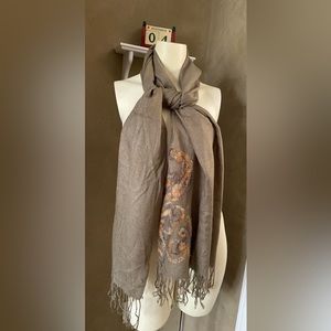 Coldwater Creek Wool blend Embroidered Wrap Dark Olive Green Fringe trim